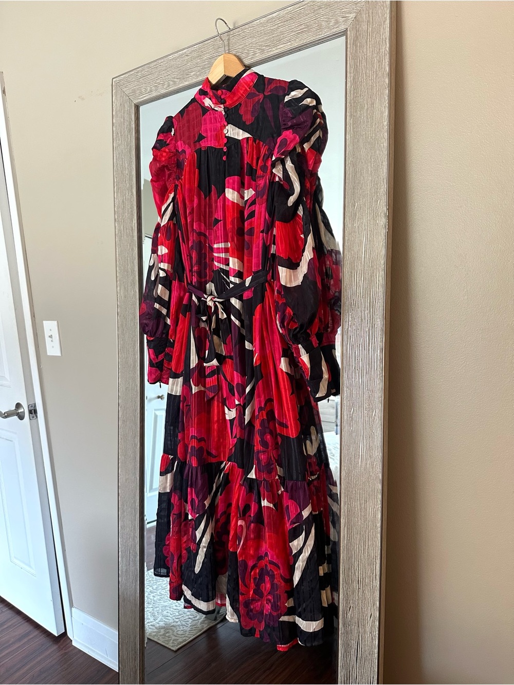 CIEBON Anthropologie Red Black Pink Floral Puff Sleeve Maxi Dress Size Small